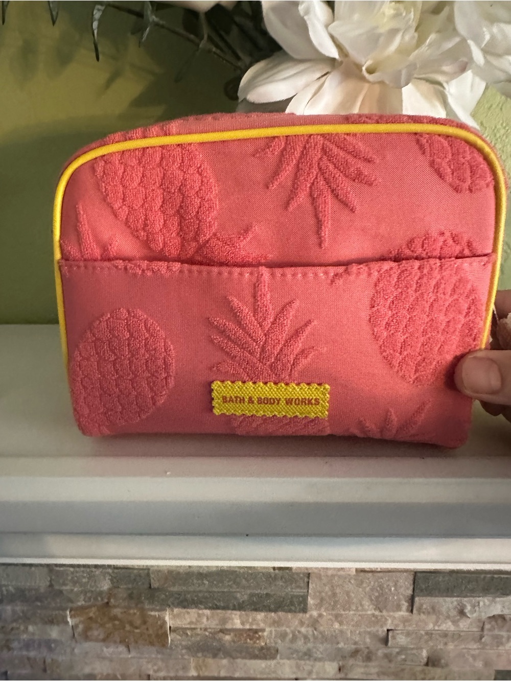 Bath & Body Works Coral Pink Pineapple Cosmetic Pouch with Yellow Trim